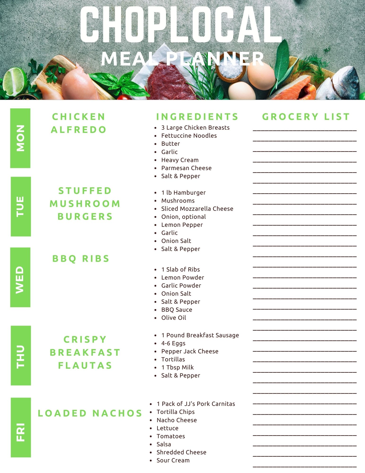 weekly meal plan local meats